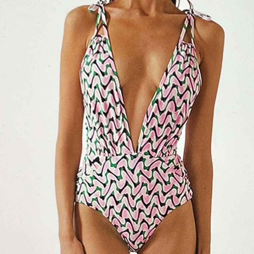 Deep V Tie-Shoulder One-Piece Swimsuit - Pink Green Wave